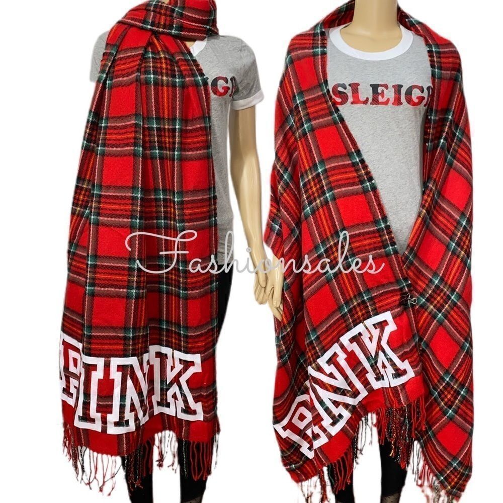 Victoria’s Secret Pink Cozy blanket large scarf throw plaid pink logo